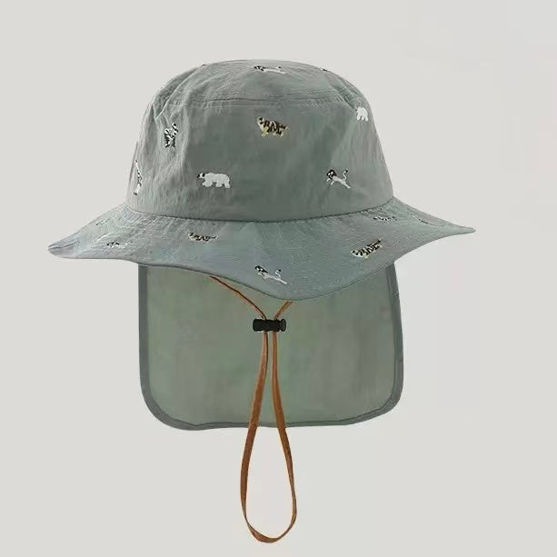 UV Protection Hat with Neck Flap, Baby Fisherman Hat(Green Animals)