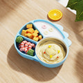 Silicone Suction Divided Toddler Plate – Cartoon Dinosaur Self-Feeding Training Plate, Baby Weaning Set (Blue, 316L Stainless Steel Inner Bowl)