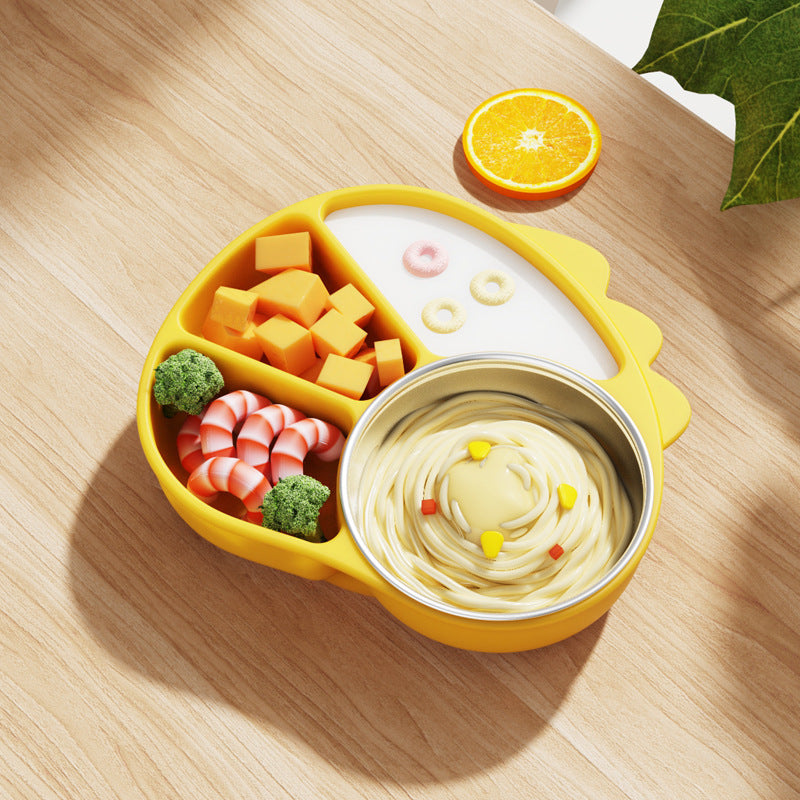 Silicone Suction Divided Toddler Plate – Cartoon Dinosaur Self-Feeding Training Plate, Baby Weaning Set (Lemon Yellow, 316L Stainless Steel Inner Bowl)