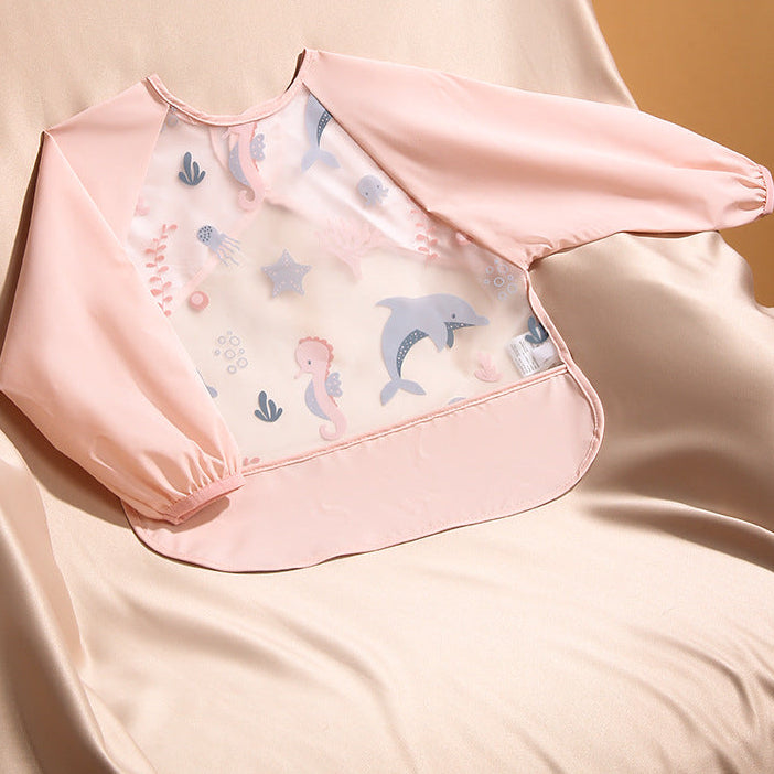 Baby Waterproof Long Sleeve Feeding Smock – Anti-Stain & Easy-Clean Toddler Bib Apron for Spring/Summer (Pinky Ocean TPU, L Fits 60–cm)